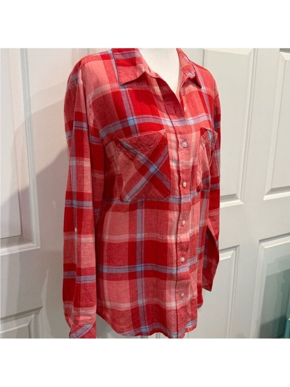 Sanctuary Plaid Button Down Shirt Linen Blend Lightweight Top Size Small - Picture 7 of 11